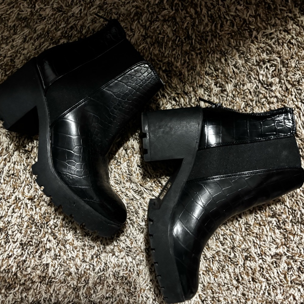 Black Croc-Embossed Ankle Boots